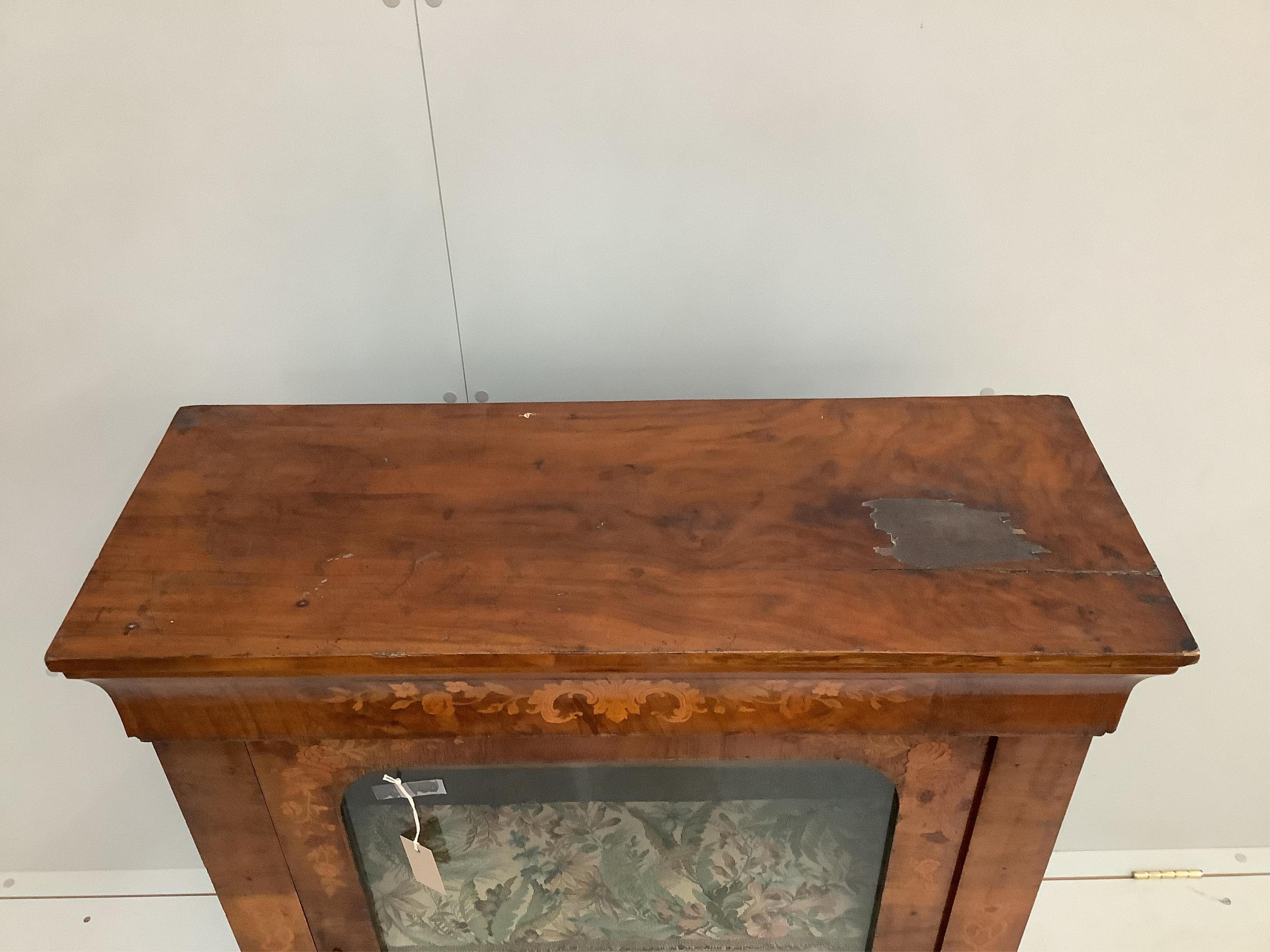 A Victorian walnut and marquetry inlaid pier cabinet, width 80cm, depth 32cm, height 105cm. Condition - poor